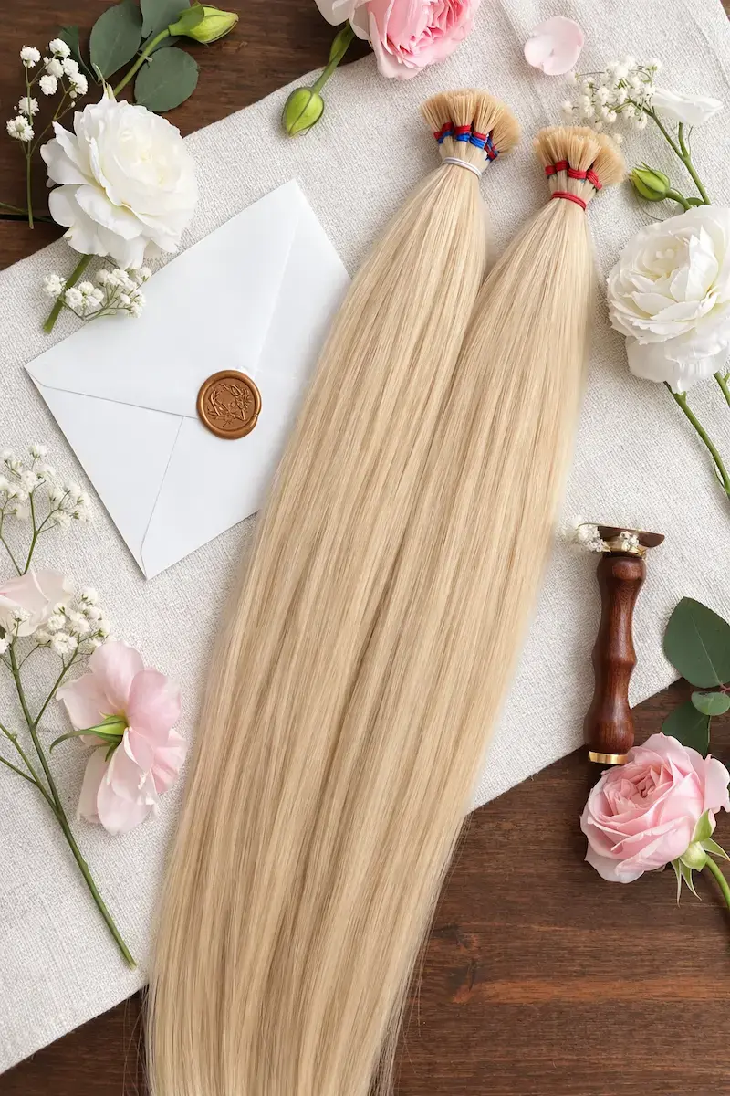 Enyhén hamvas tincsezett platina szőke 45-47 cm 100% eredeti emberi haj/ 10gr